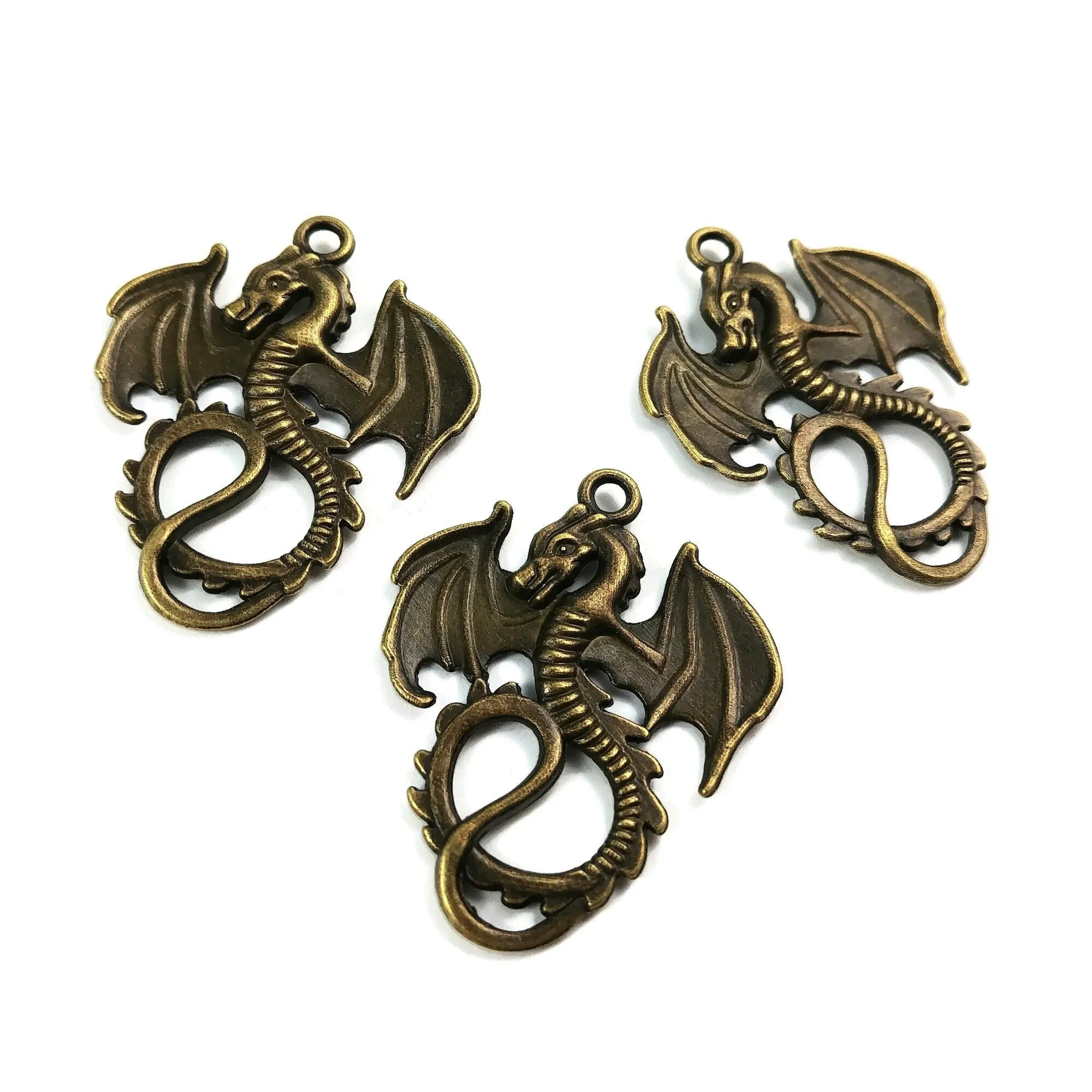 3 Large dragon charm - Hypoallergenic - Patina or bronze plated