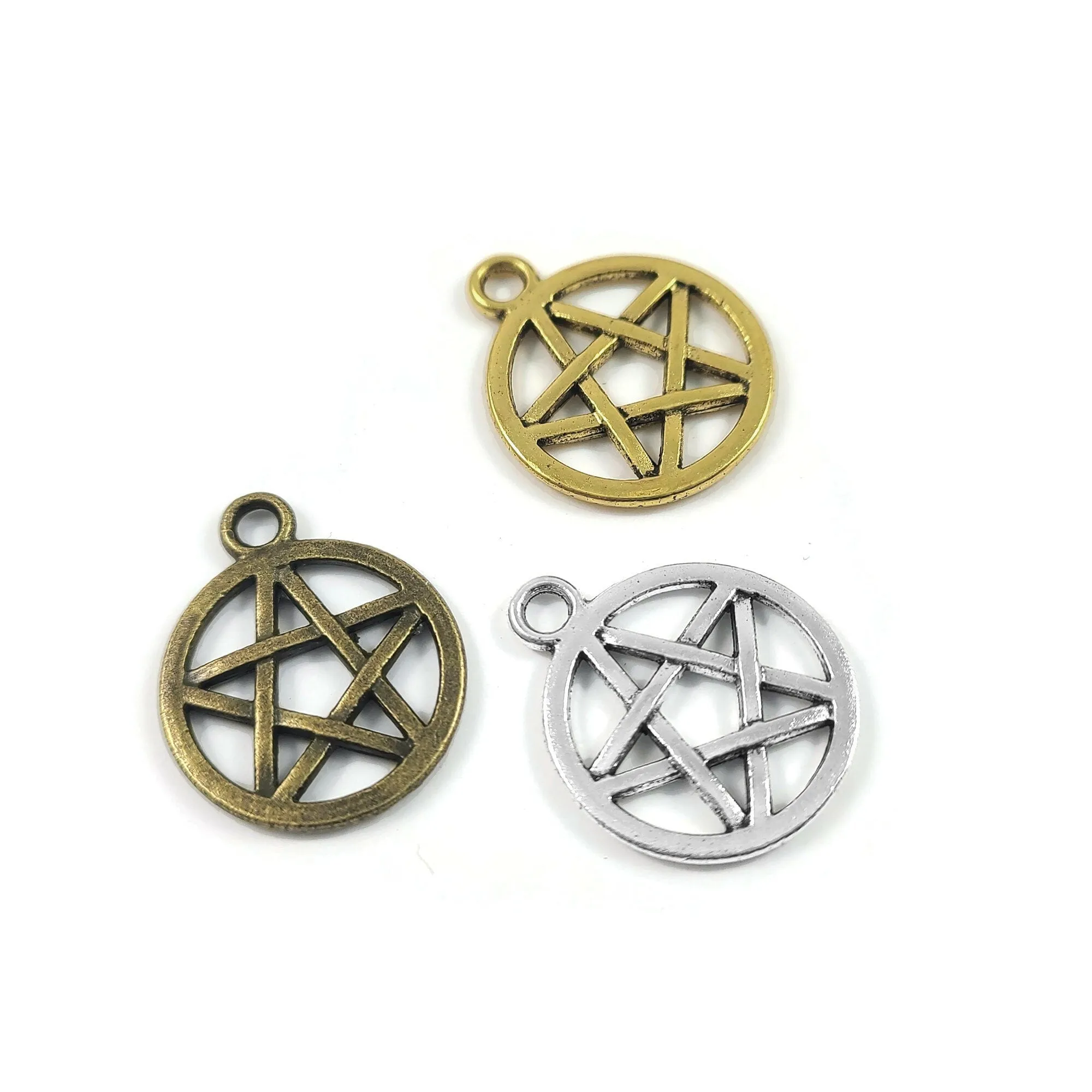 5 Hypoallergenic 20mm pentagram charms, Gold, Silver, Bronze