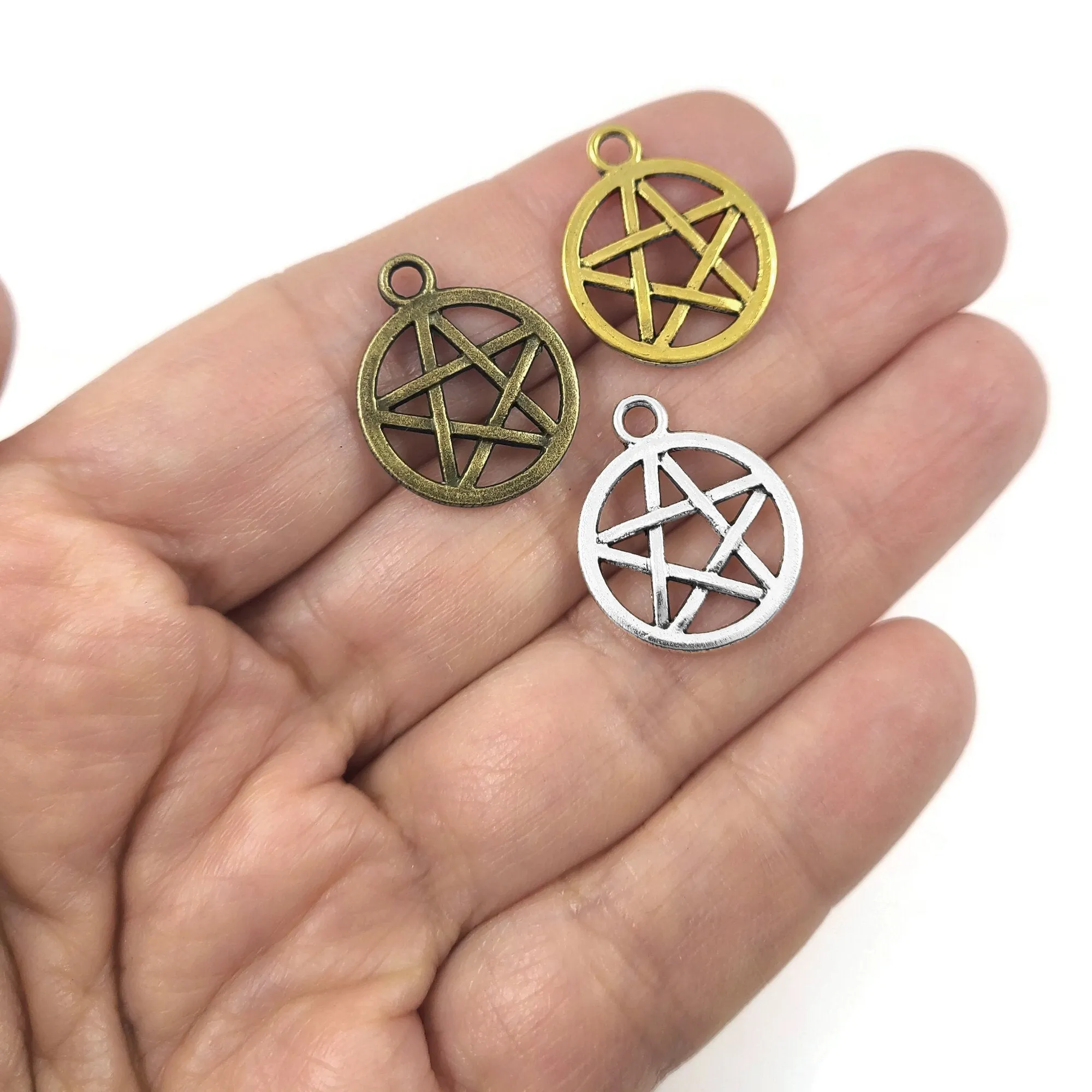5 Hypoallergenic 20mm pentagram charms, Gold, Silver, Bronze