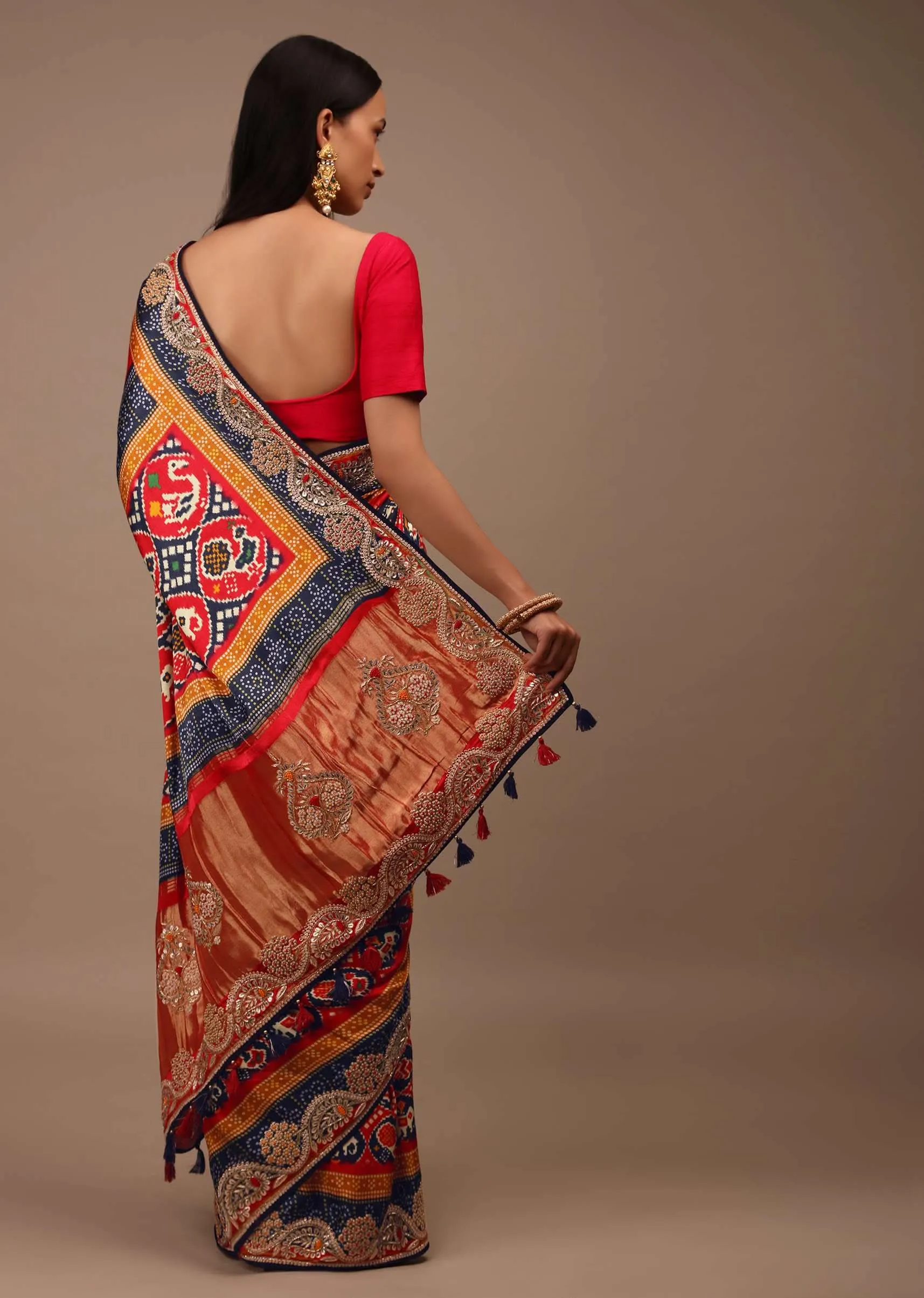 Crimson And Navy Blue Saree In Satin With Patola Print And Gotta Patti Embroidery Detailing