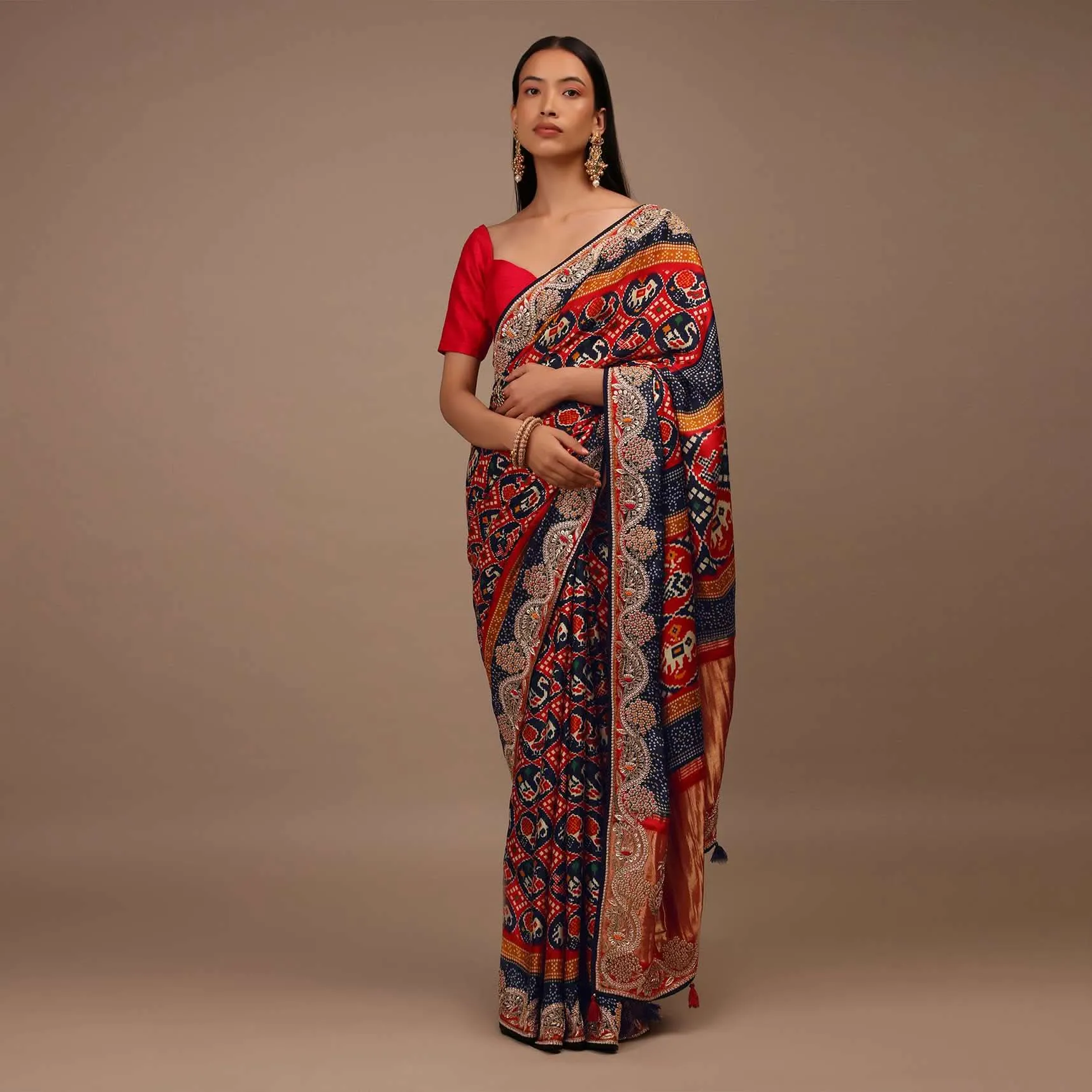 Crimson And Navy Blue Saree In Satin With Patola Print And Gotta Patti Embroidery Detailing