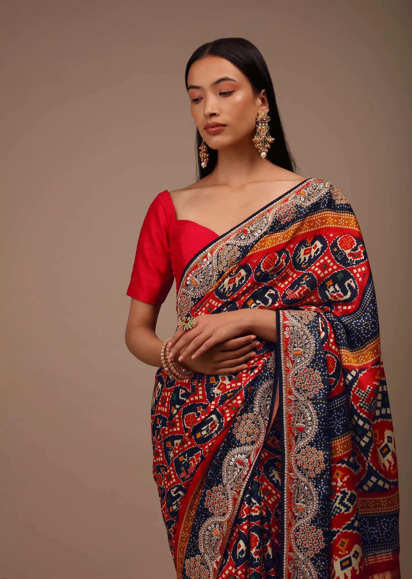 Crimson And Navy Blue Saree In Satin With Patola Print And Gotta Patti Embroidery Detailing