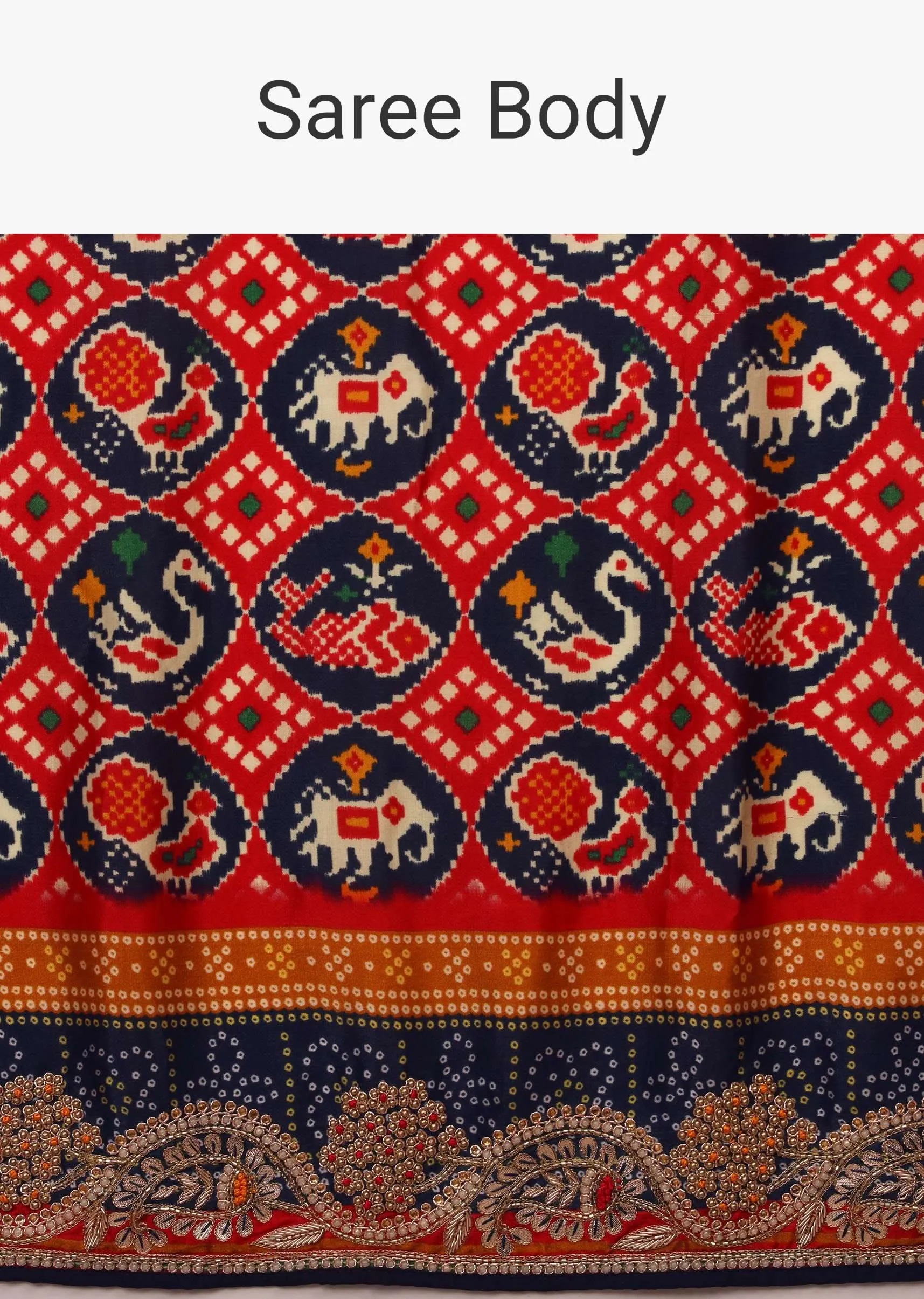 Crimson And Navy Blue Saree In Satin With Patola Print And Gotta Patti Embroidery Detailing