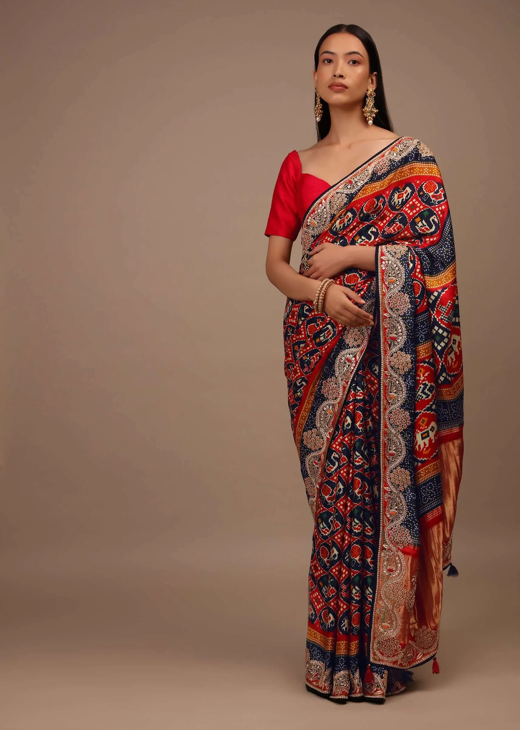 Crimson And Navy Blue Saree In Satin With Patola Print And Gotta Patti Embroidery Detailing