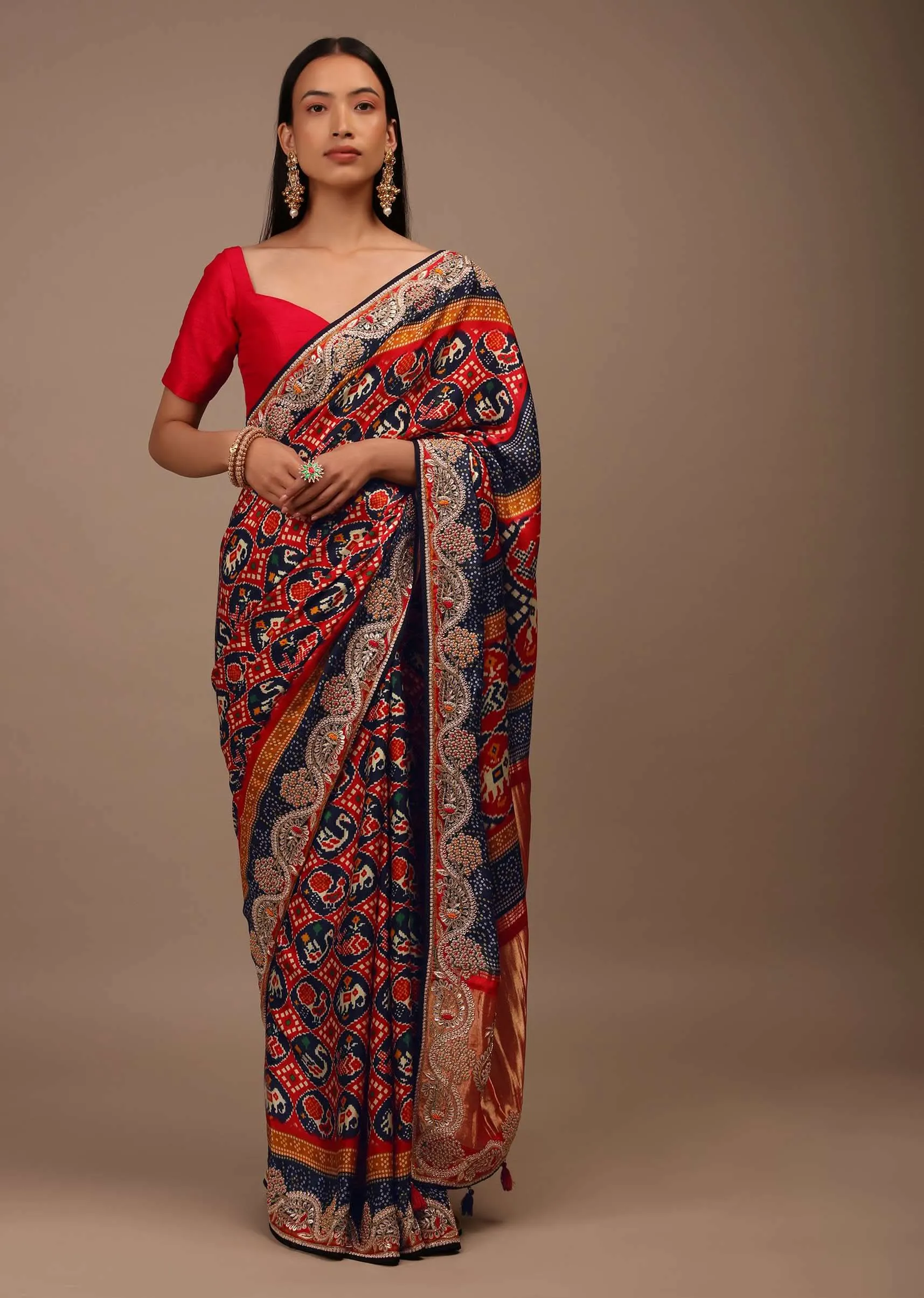 Crimson And Navy Blue Saree In Satin With Patola Print And Gotta Patti Embroidery Detailing