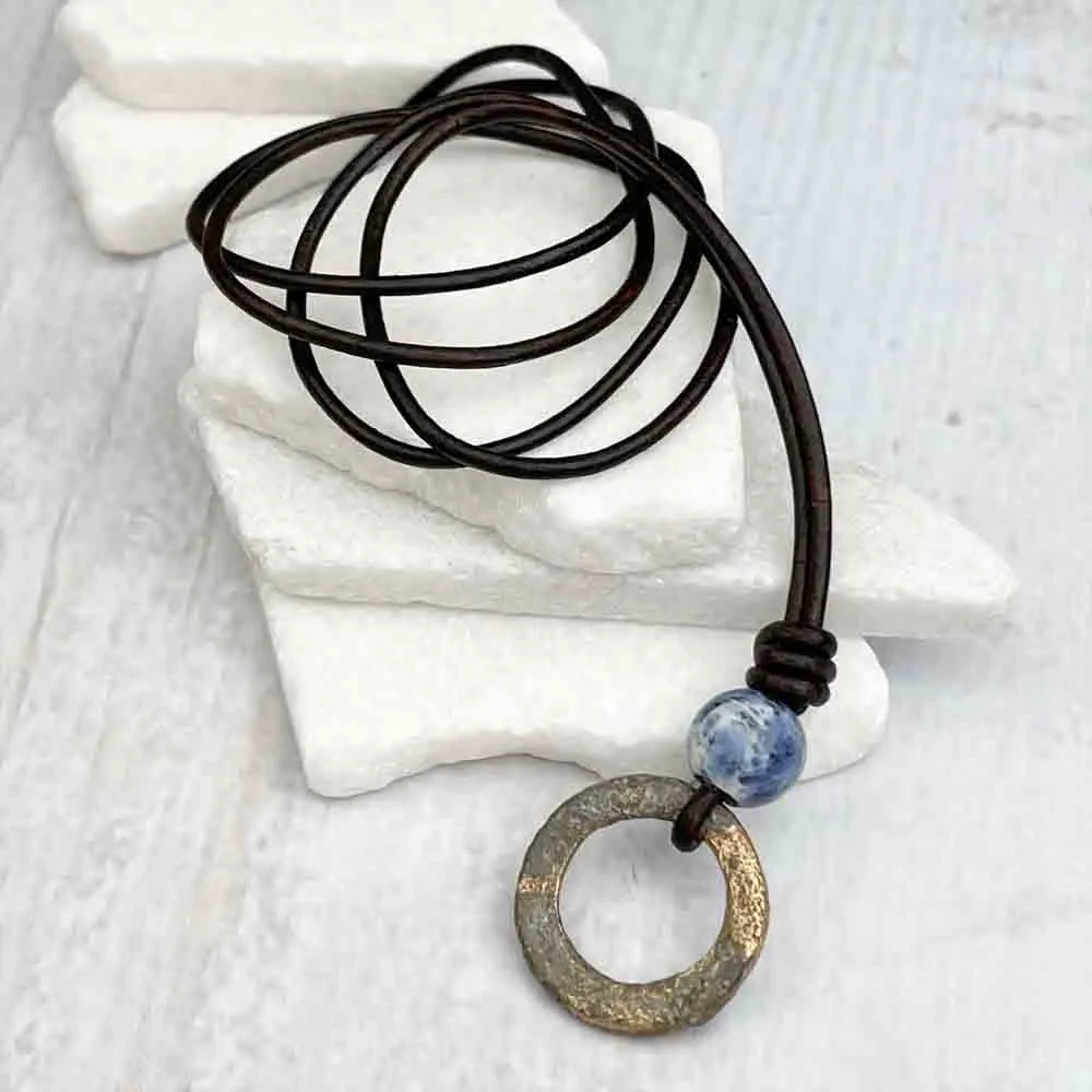 Deep Variegated Golden Bronze Celtic Ring Money & Sodalite Leather Necklace | Artifact #7145