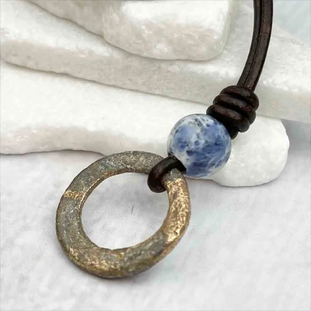 Deep Variegated Golden Bronze Celtic Ring Money & Sodalite Leather Necklace | Artifact #7145