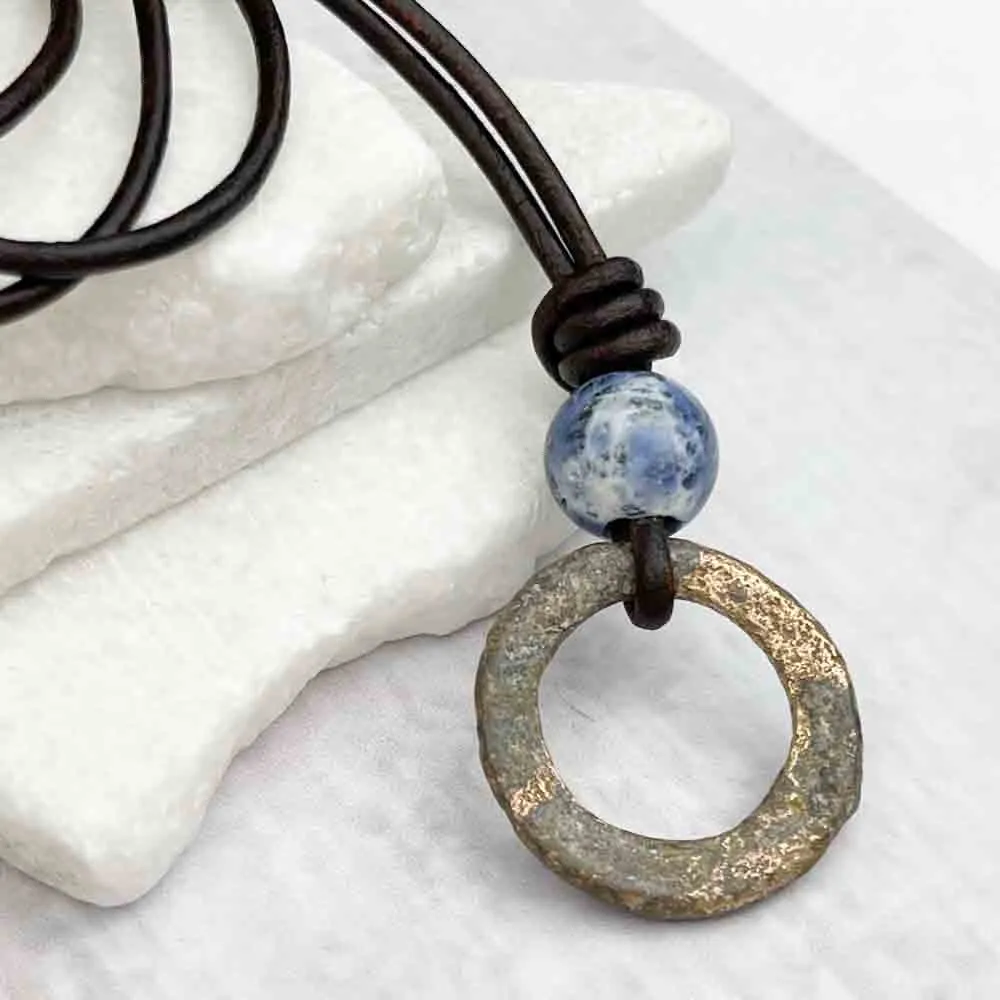 Deep Variegated Golden Bronze Celtic Ring Money & Sodalite Leather Necklace | Artifact #7145