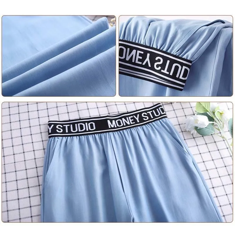 Denim Wide Leg Pants Women Summer Thin High Waist Drape Loose Slim Look Casual Floor Length Ice Silk Ankle-Length Pants