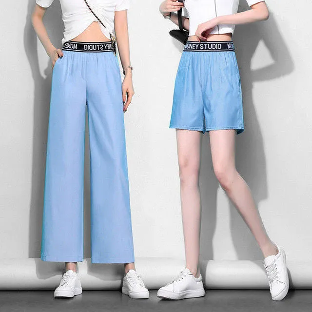 Denim Wide Leg Pants Women Summer Thin High Waist Drape Loose Slim Look Casual Floor Length Ice Silk Ankle-Length Pants