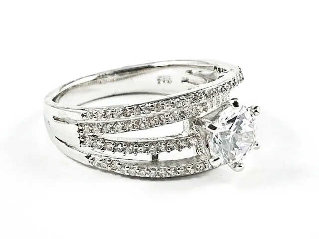 Elegant Multi Layer CZ Band With Center Round CZ Silver Ring