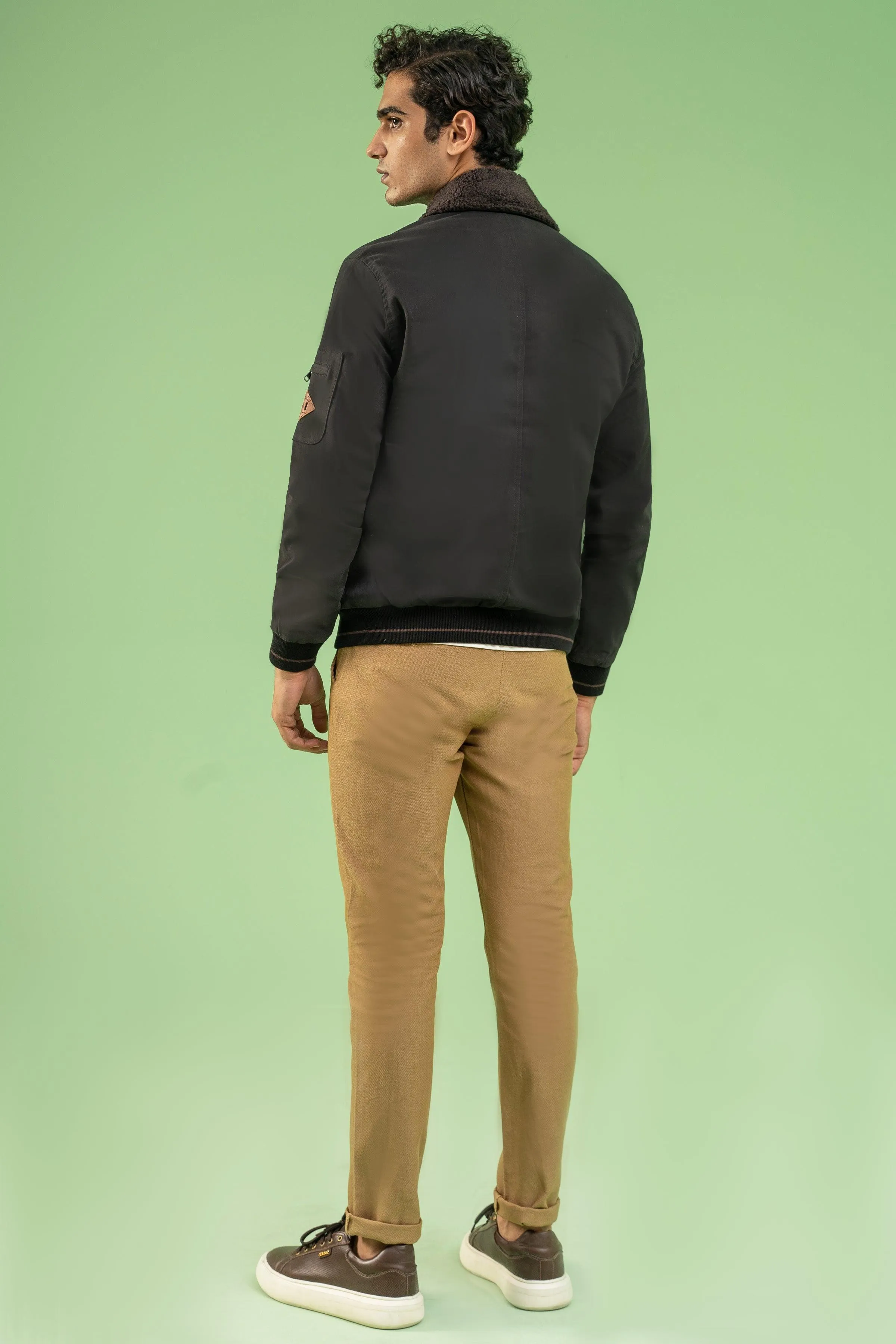 FULL SLEEVE FUR COLLAR COTTON JACKET BLACK