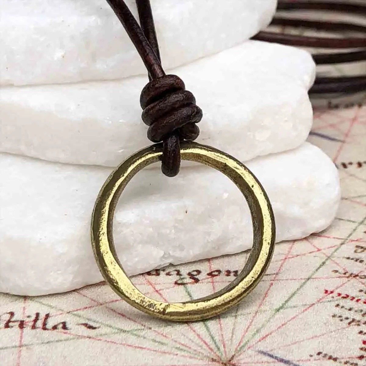 Glowing Bright Bronze Celtic Ring Money Leather Necklace | Artifact #3377
