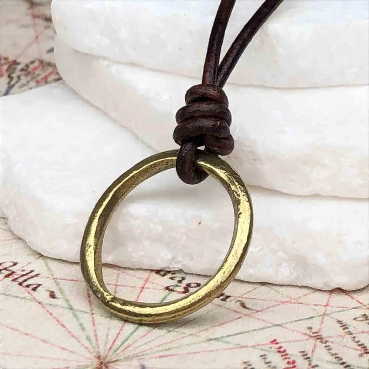 Glowing Bright Bronze Celtic Ring Money Leather Necklace | Artifact #3377