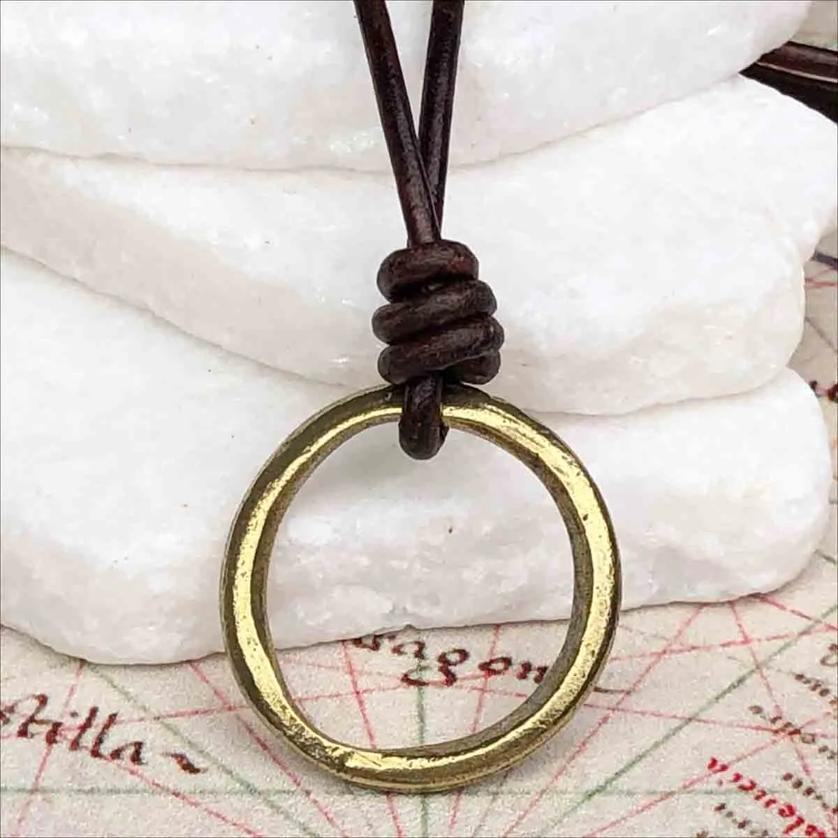 Glowing Bright Bronze Celtic Ring Money Leather Necklace | Artifact #3377