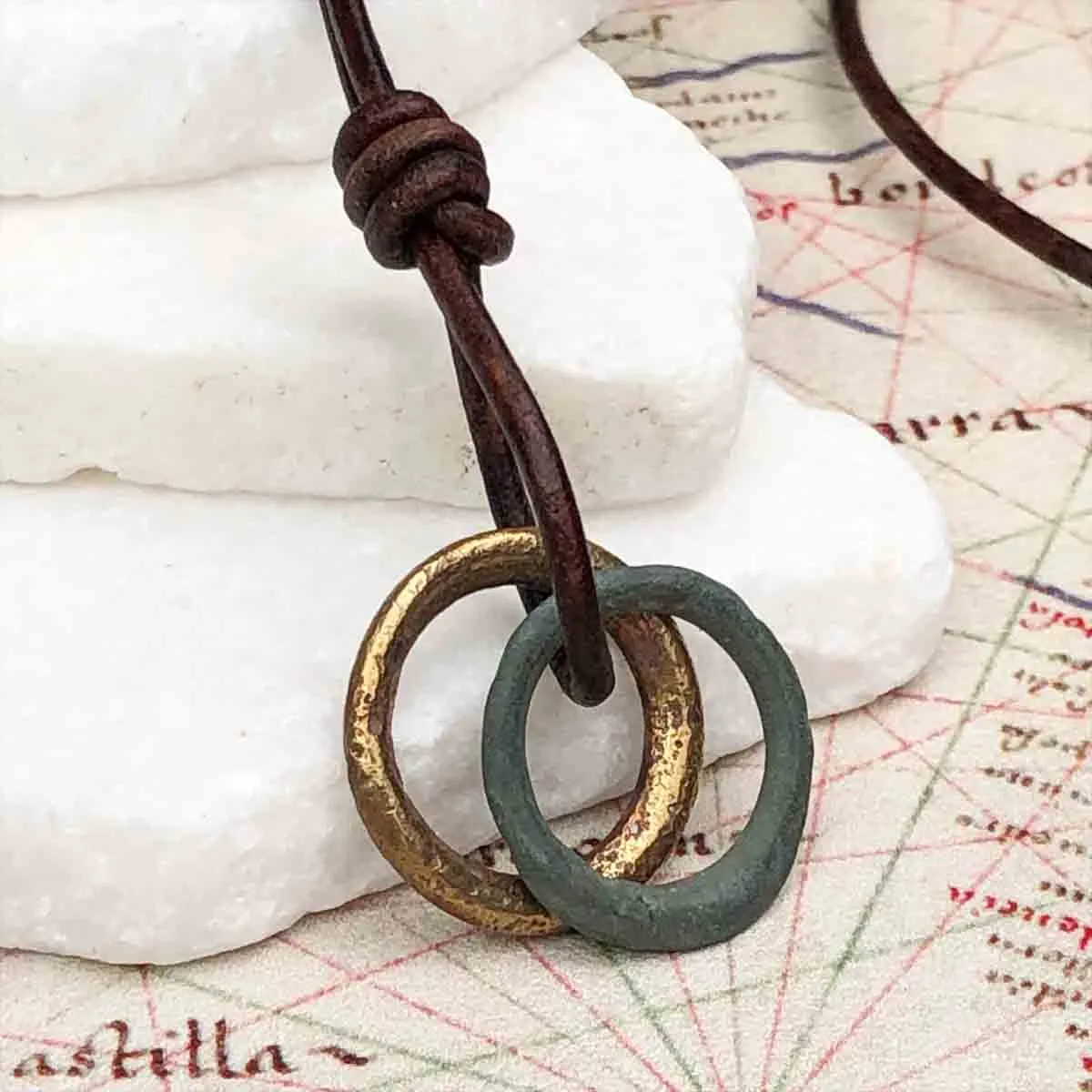 Green and Golden Bronze Celtic Ring Money Duo Leather Necklace | Artifact #3370