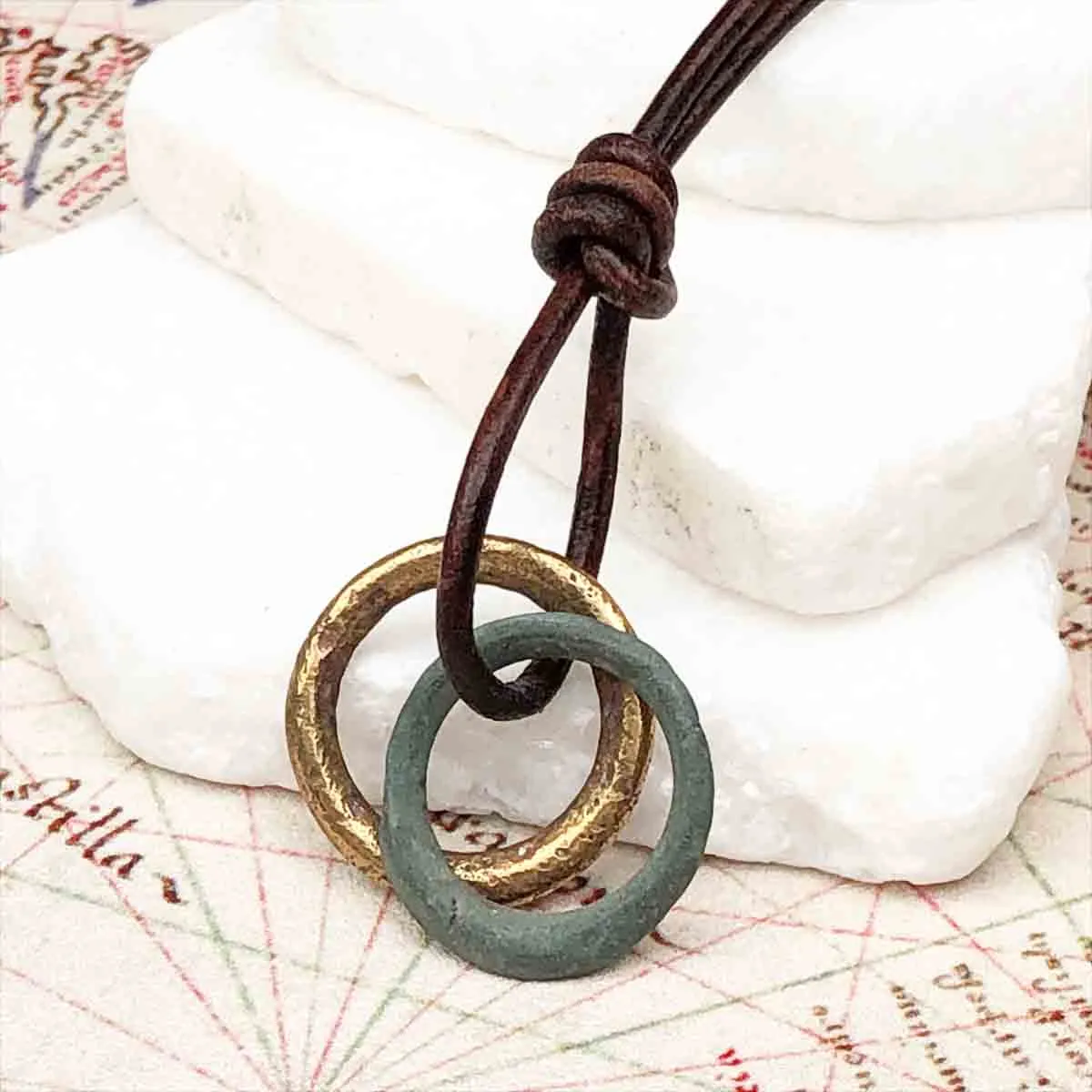 Green and Golden Bronze Celtic Ring Money Duo Leather Necklace | Artifact #3370