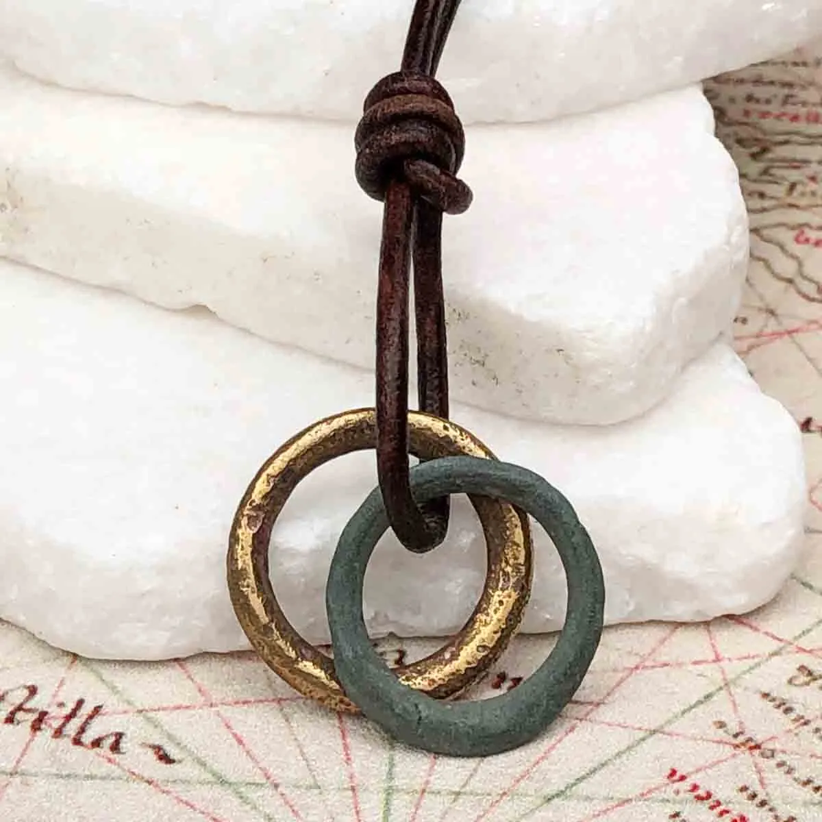 Green and Golden Bronze Celtic Ring Money Duo Leather Necklace | Artifact #3370