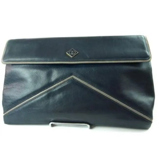 Gucci Vintage Navy Blue Leather With Grayish Lavender Trim Shoulder Bag