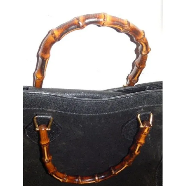 Gucci Xl Two Way Black Suedebamboo Handles Leather And Satchel