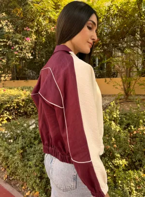 HALF HALF BOMBER- Burgundy Pleated Front