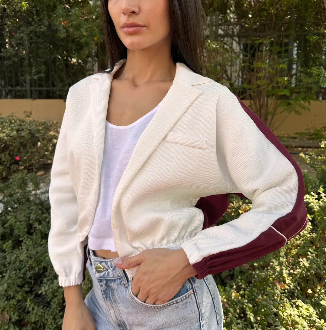 HALF HALF BOMBER- Burgundy Pleated Front