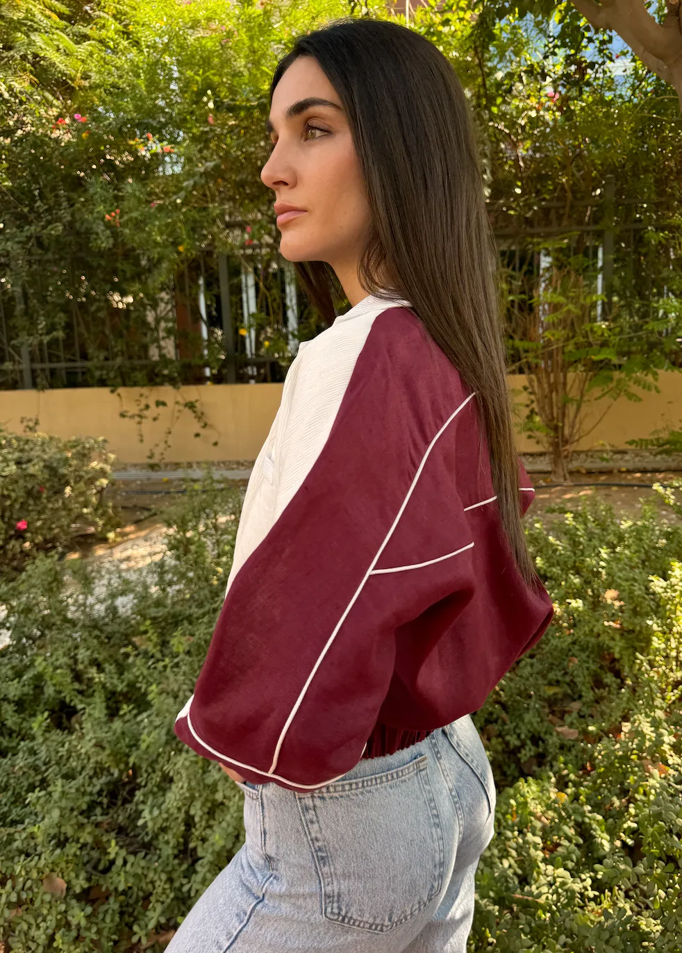 HALF HALF BOMBER- Burgundy Pleated Front
