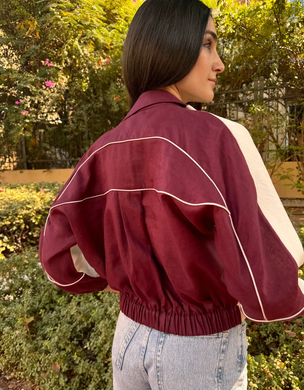 HALF HALF BOMBER- Burgundy Pleated Front