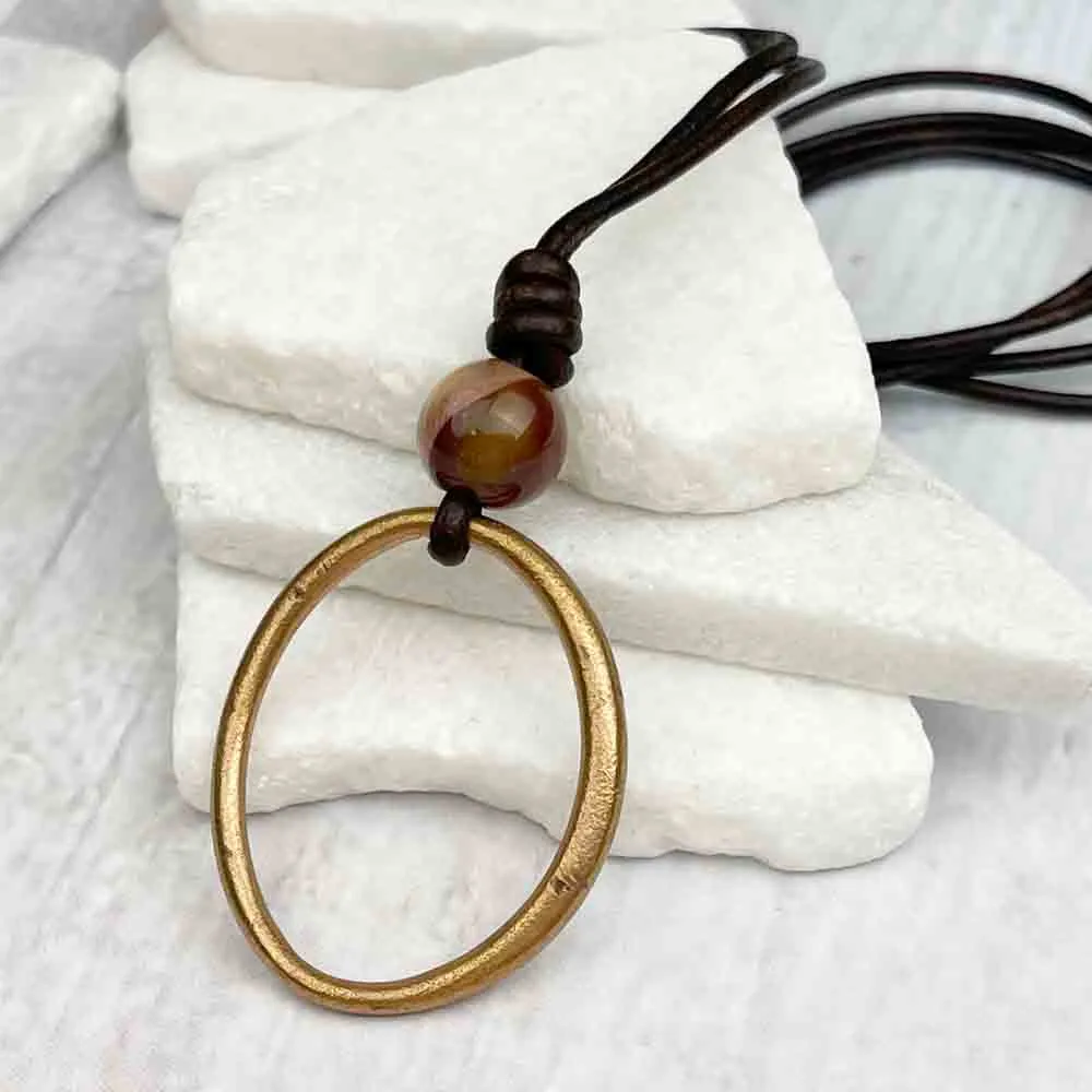 Huge Oval Golden Bronze Celtic Ring Money & Mookaite Leather Necklace | Artifact #7148