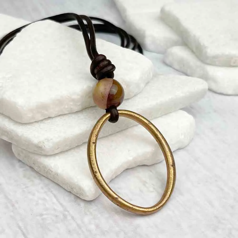 Huge Oval Golden Bronze Celtic Ring Money & Mookaite Leather Necklace | Artifact #7148