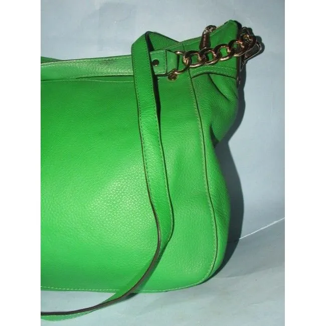 Michael Kors 'Megan Chain' vibrant green apple/darker lime leather two-way, convertible satchel with gold tone hardware and chain accents, & top zip closure