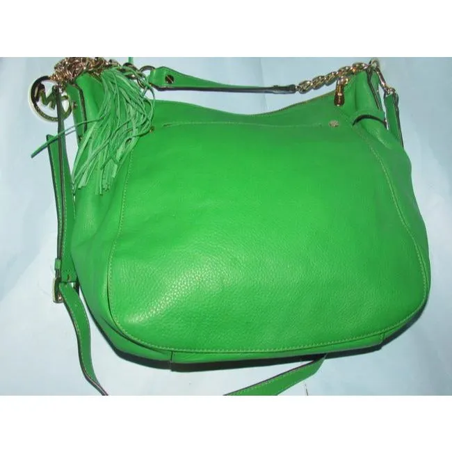 Michael Kors 'Megan Chain' vibrant green apple/darker lime leather two-way, convertible satchel with gold tone hardware and chain accents, & top zip closure