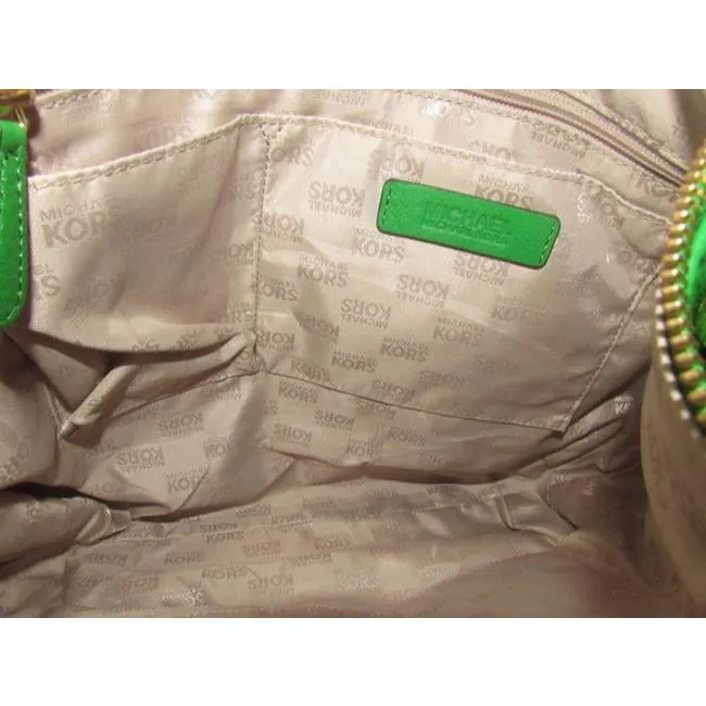 Michael Kors 'Megan Chain' vibrant green apple/darker lime leather two-way, convertible satchel with gold tone hardware and chain accents, & top zip closure