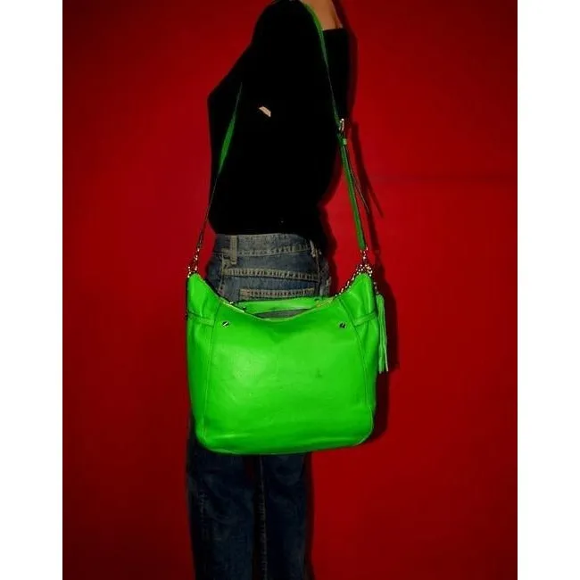 Michael Kors 'Megan Chain' vibrant green apple/darker lime leather two-way, convertible satchel with gold tone hardware and chain accents, & top zip closure