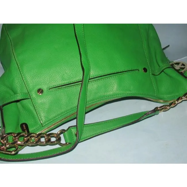 Michael Kors 'Megan Chain' vibrant green apple/darker lime leather two-way, convertible satchel with gold tone hardware and chain accents, & top zip closure