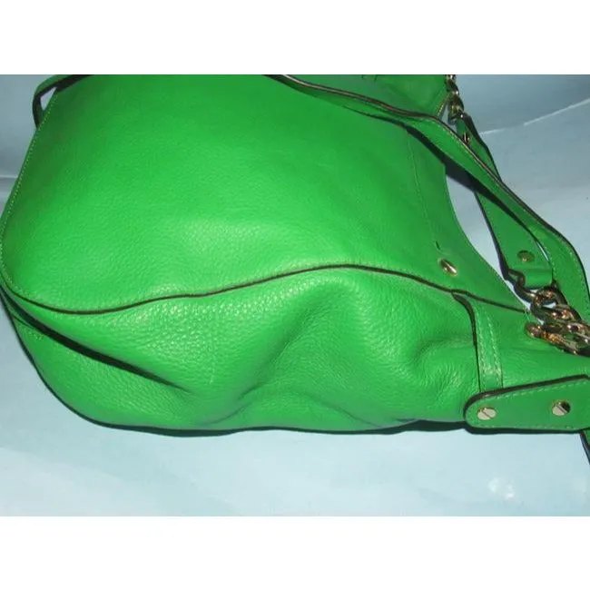 Michael Kors 'Megan Chain' vibrant green apple/darker lime leather two-way, convertible satchel with gold tone hardware and chain accents, & top zip closure