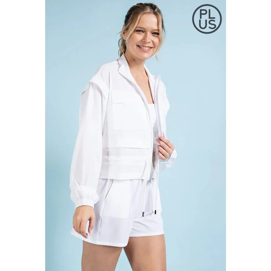 Plus Size Crinkle Woven Cropped Jacket Off White