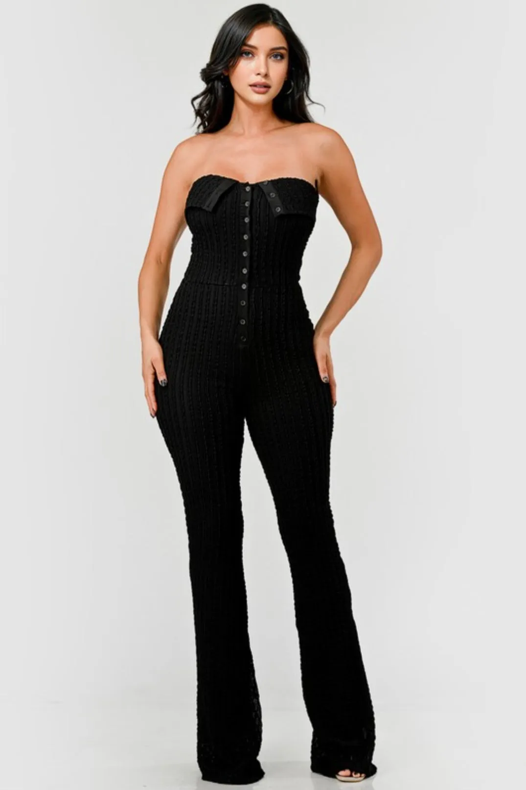 "All That You Need" Strapless Button Up Knit Jumpsuit.