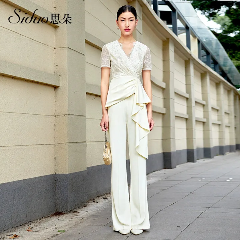 SIDUO Two piece dress short sleeve V-neck suit pant ankle length-Kara  (  V )