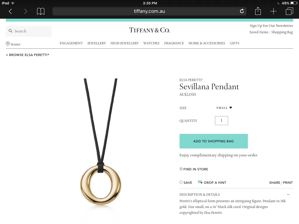 Tiffany & Co. 18ct Yellow Gold Elsa Peretti Selliva Pendant/Necklace