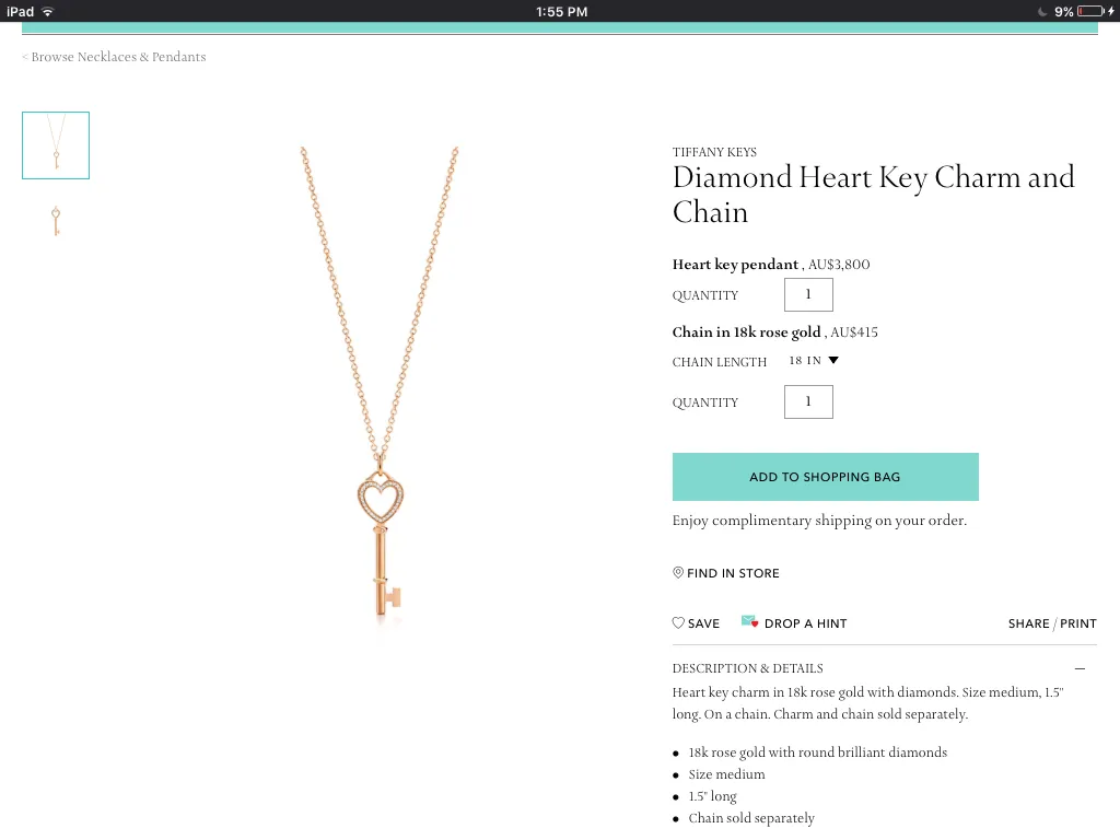 Tiffany & Co. Medium Diamond Heart Key Pendant/Necklace 18ct White Gold $4215
