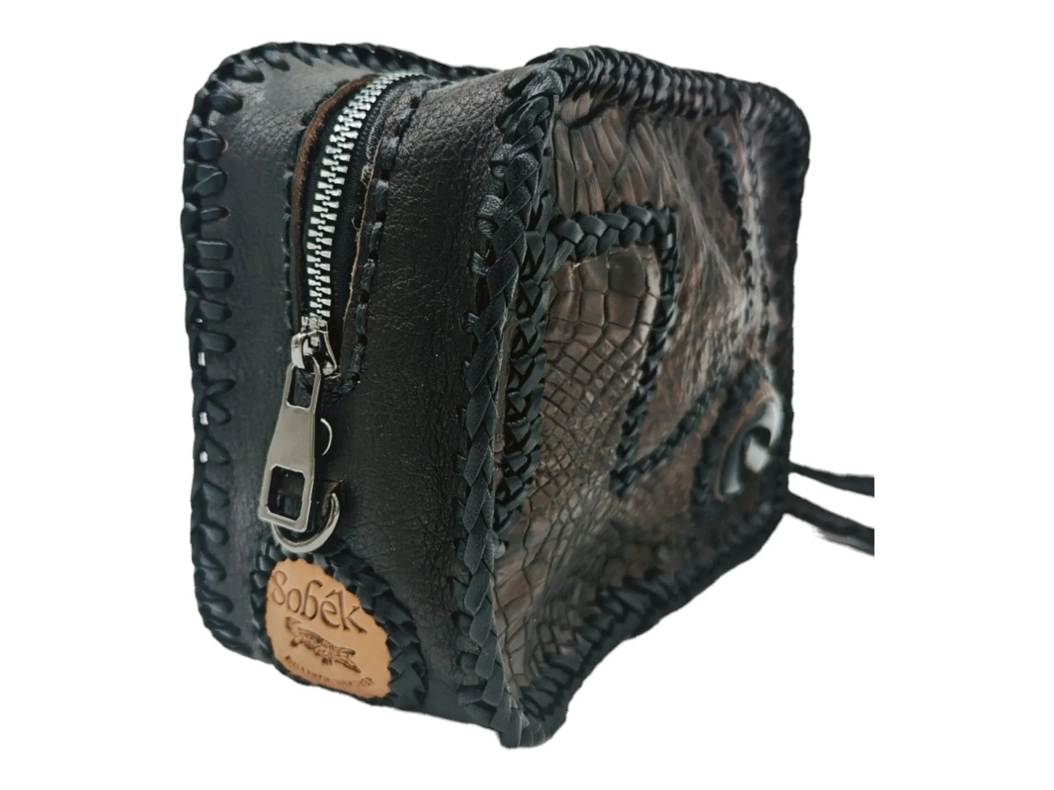 Versatile Alligator Leather Patchwork Artisan Whipstitch Toiletry Bag with Obsidian Stone