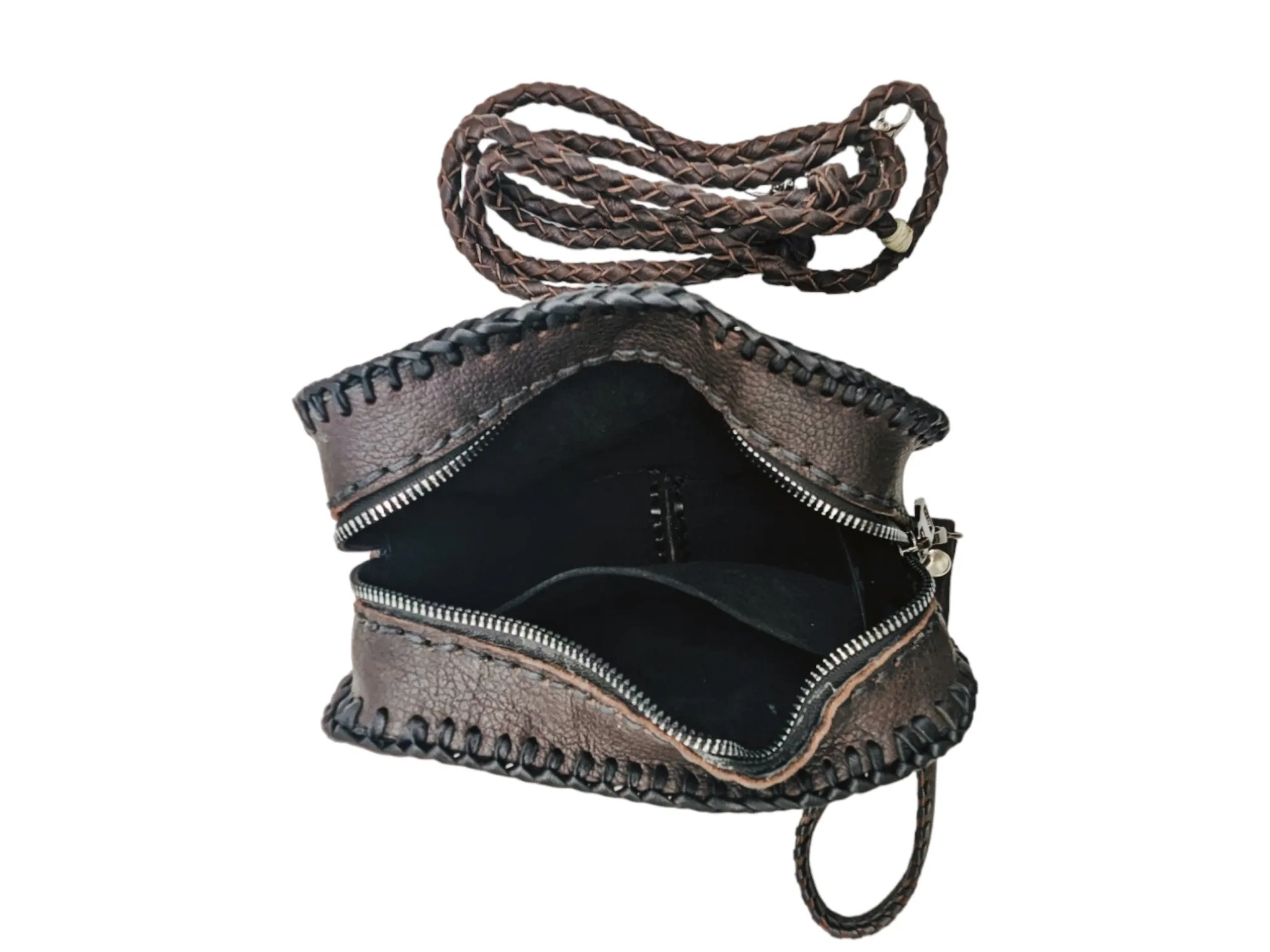 Versatile Alligator Leather Patchwork Artisan Whipstitch Toiletry Bag with Obsidian Stone