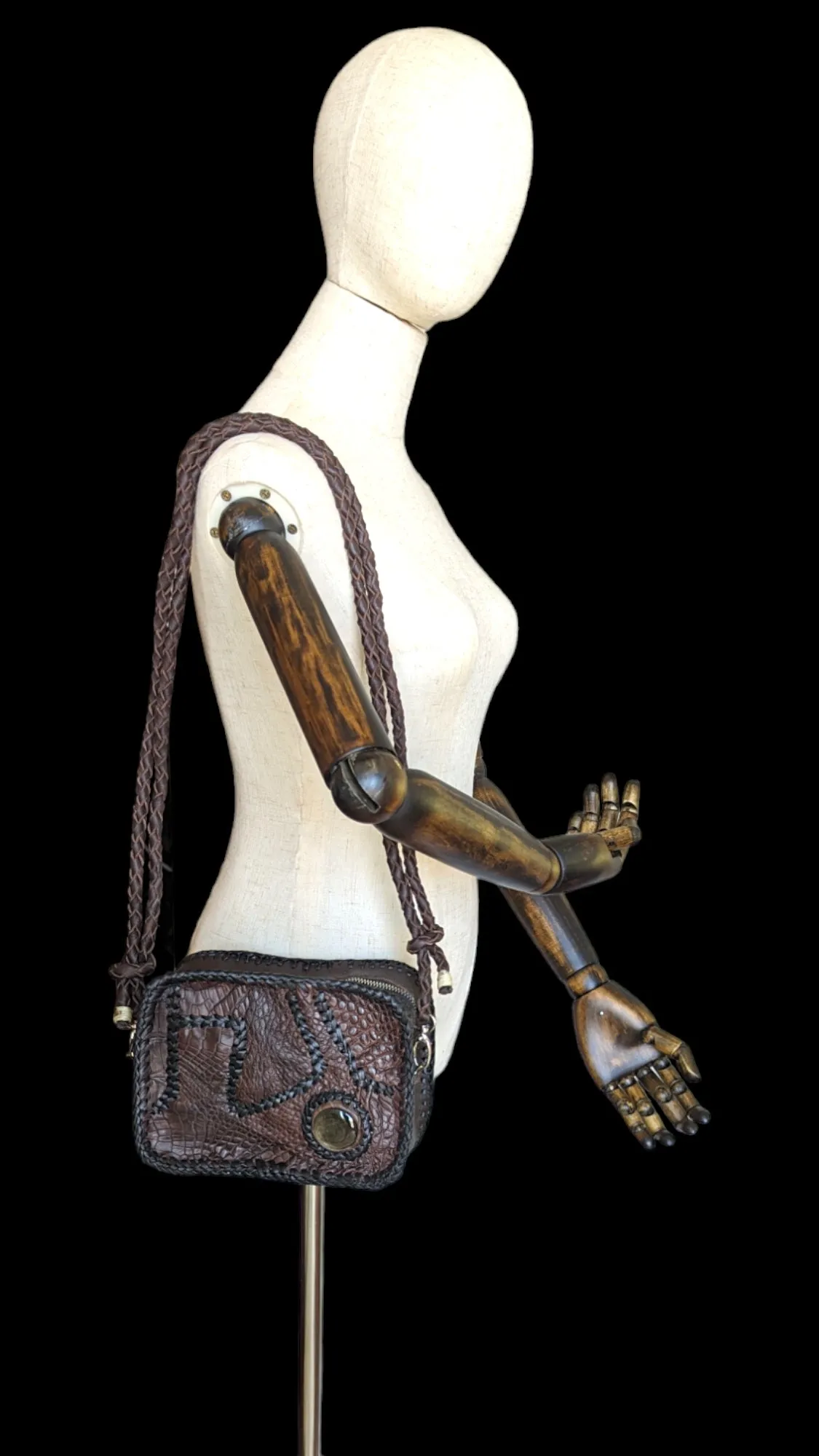 Versatile Alligator Leather Patchwork Artisan Whipstitch Toiletry Bag with Obsidian Stone