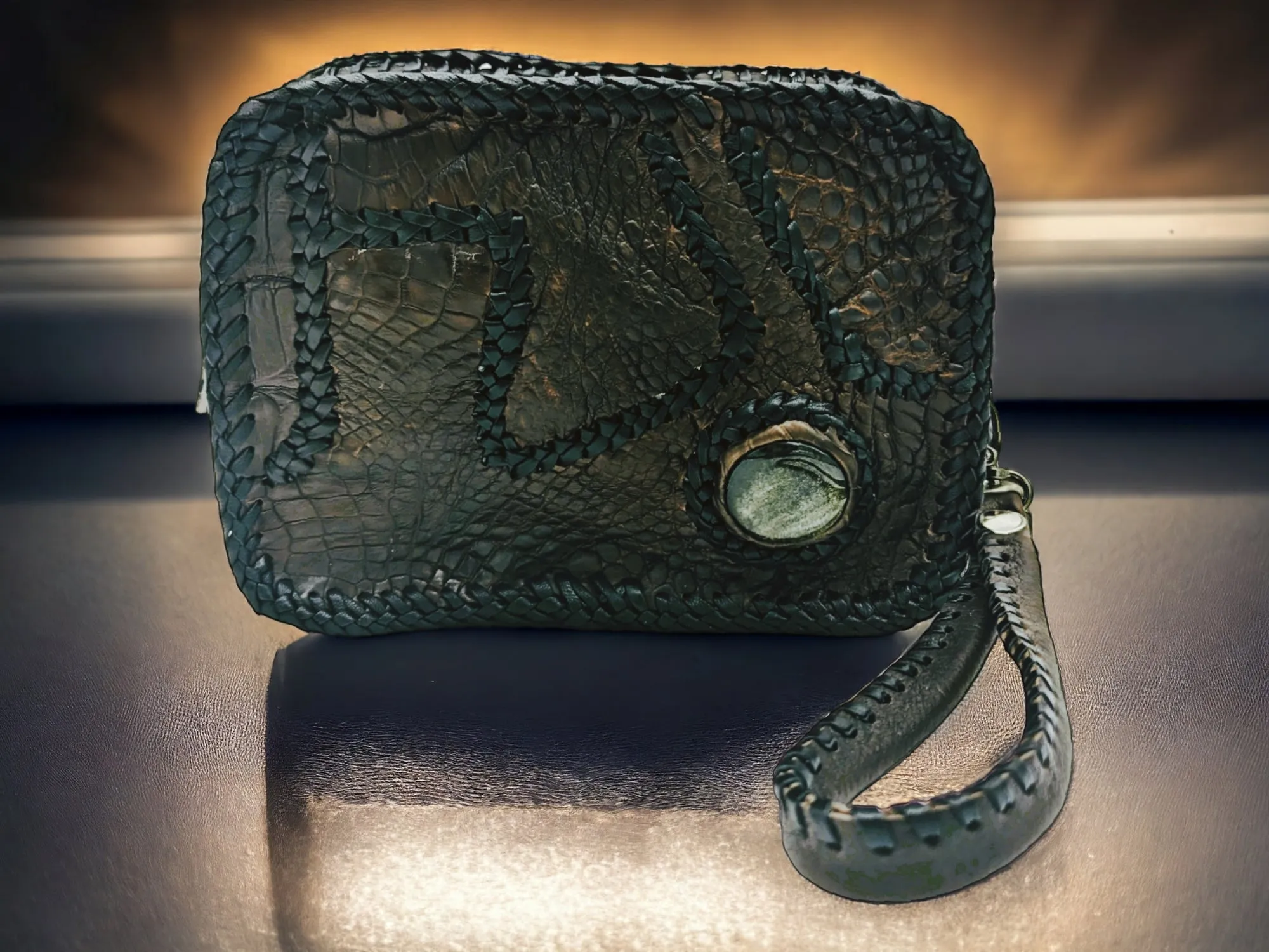 Versatile Alligator Leather Patchwork Artisan Whipstitch Toiletry Bag with Obsidian Stone