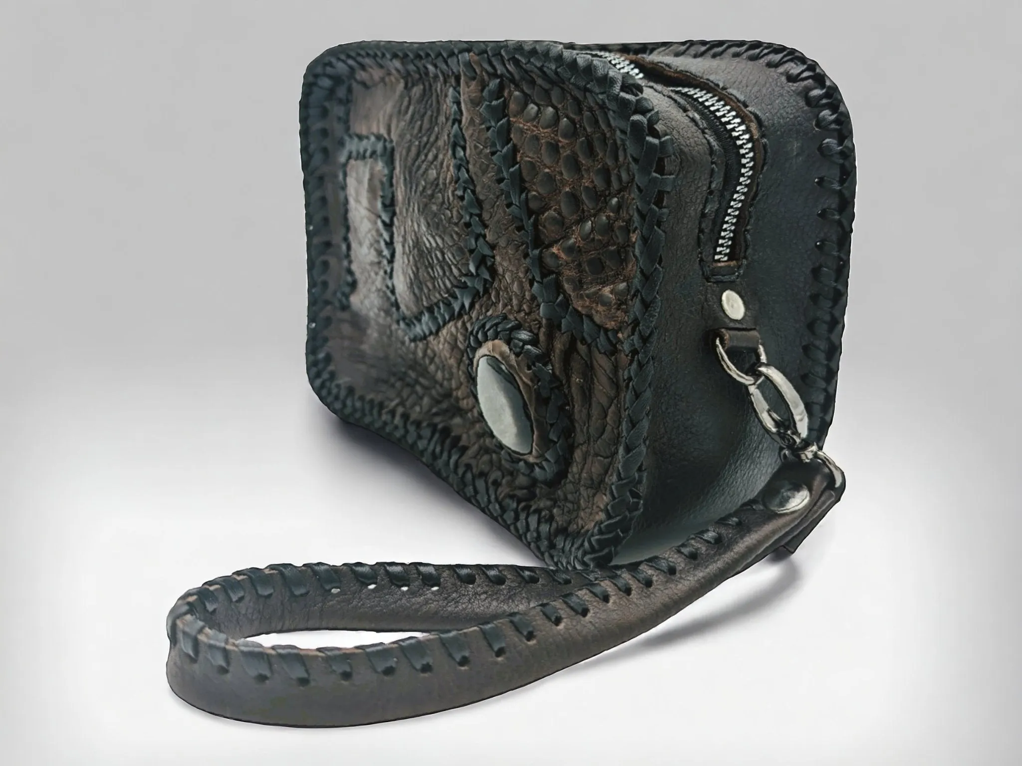 Versatile Alligator Leather Patchwork Artisan Whipstitch Toiletry Bag with Obsidian Stone
