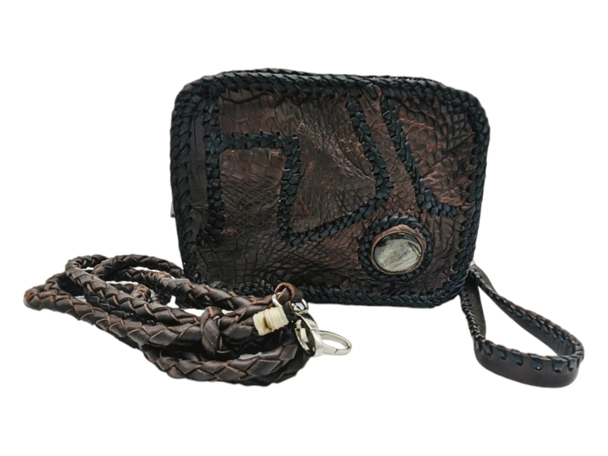 Versatile Alligator Leather Patchwork Artisan Whipstitch Toiletry Bag with Obsidian Stone