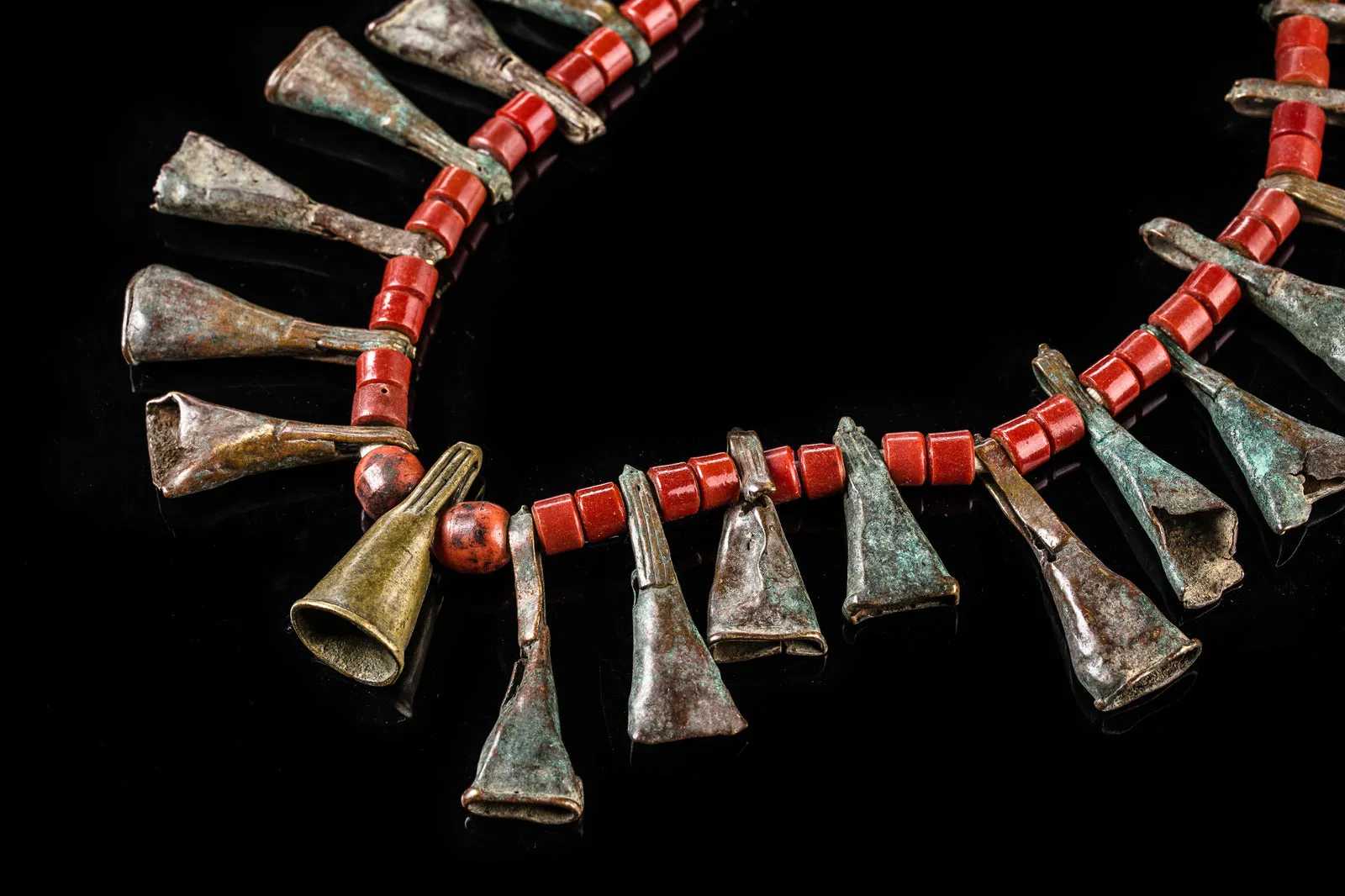 Very Old, Naga Bronze Beaded Necklace, Tribal Read Old Glass Beads Necklace Bronze