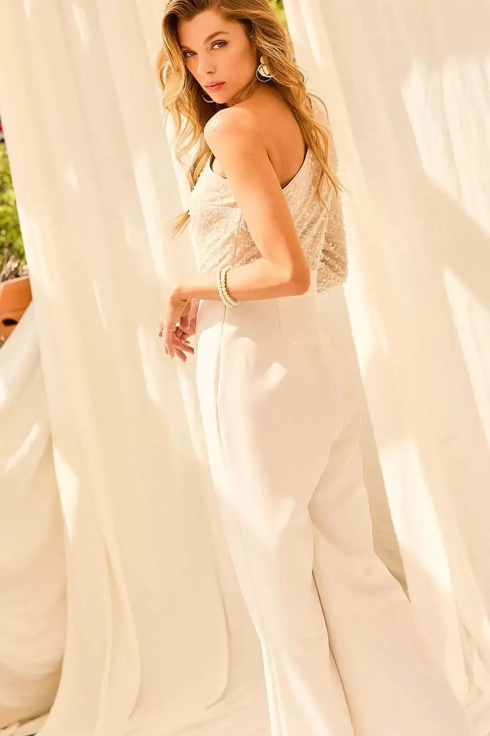 White Sequin Feather Jumpsuit