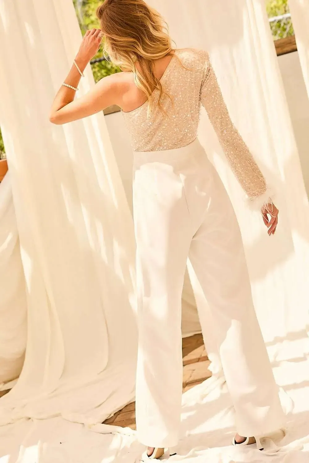 White Sequin Feather Jumpsuit
